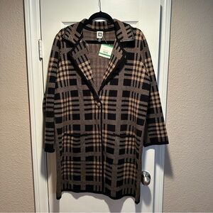 ANNE KLEIN Cardigan Sweater Coatigan Jacket Brown/blk Plaid Women, NET, Size L